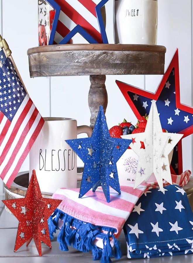COCHIE 6 Inch Labor Day Decorations Wooden Stars Set, 3D Glitter Star Memorial Day Tiered Tray Decor, 4th of July Red White Blue Patriotic Decoration for Home Table Desk Door Shelf (Cutout, Set of 3) - Image 5
